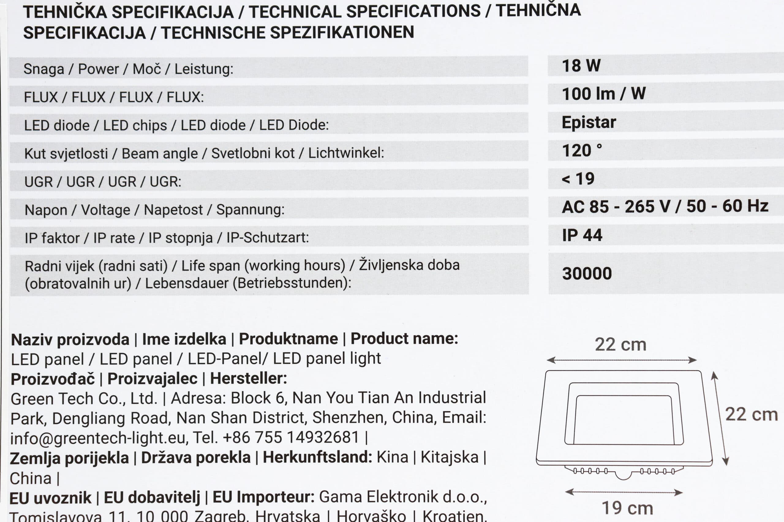 LED panel Green Tech 18W 6500K ugradbeni kvadratni - Slika 2