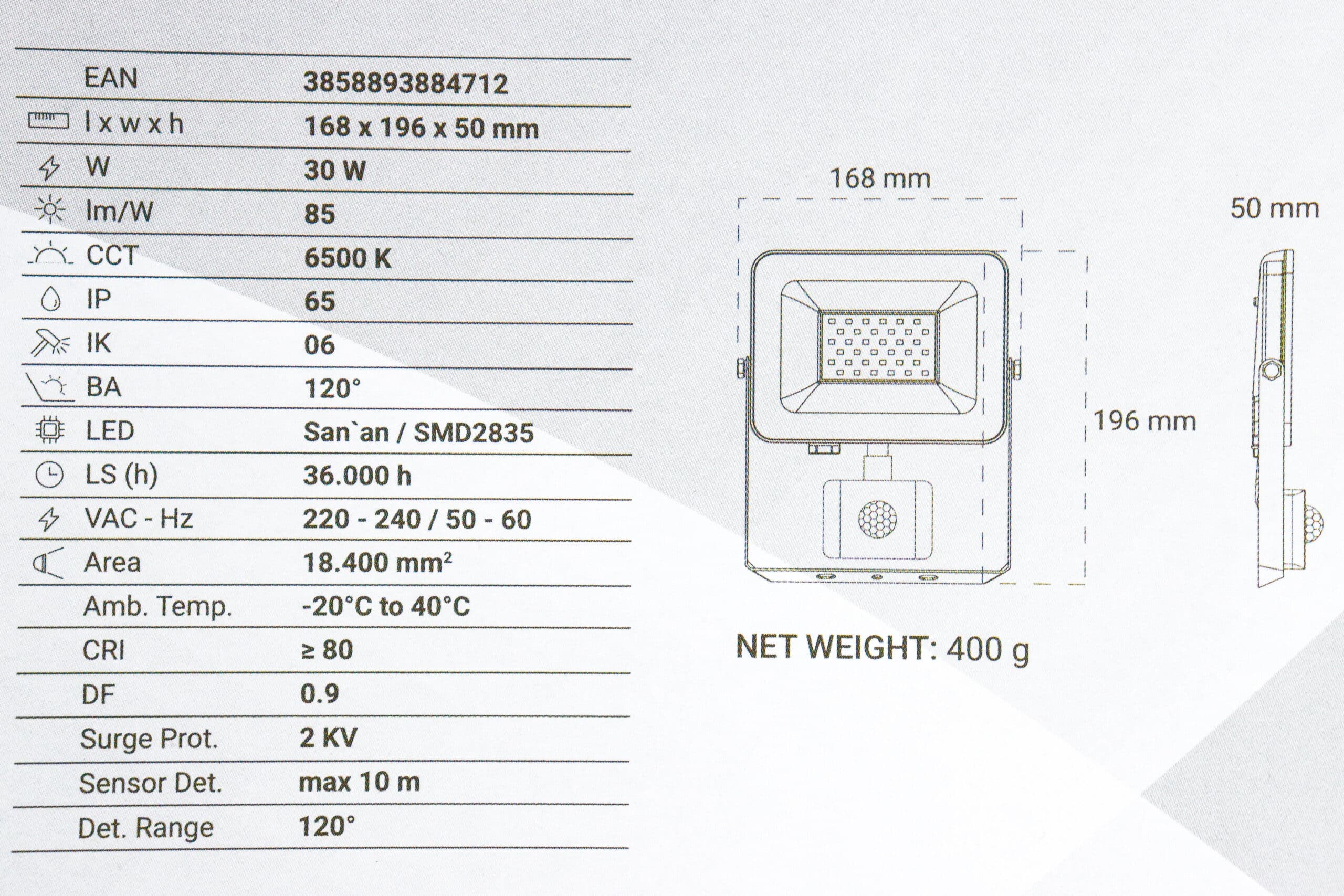 LED Reflektor sa senzorom Green Tech 30W AFS-30WH 2550lm IP65 6500K bijeli - Slika 2