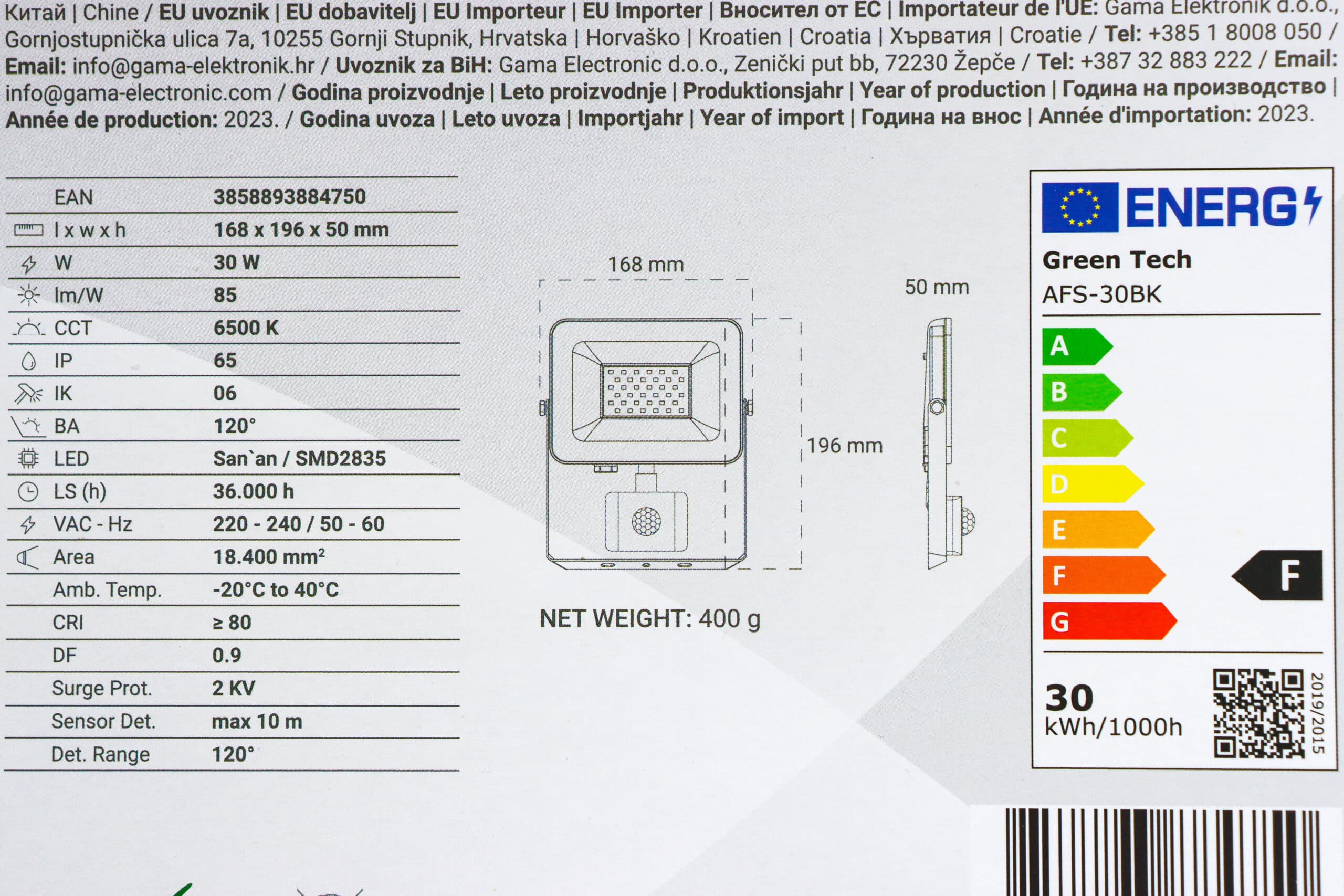 LED Reflektor sa senzorom Green Tech 30W AFS-30BK 2550lm IP65 6500K crni - Slika 2