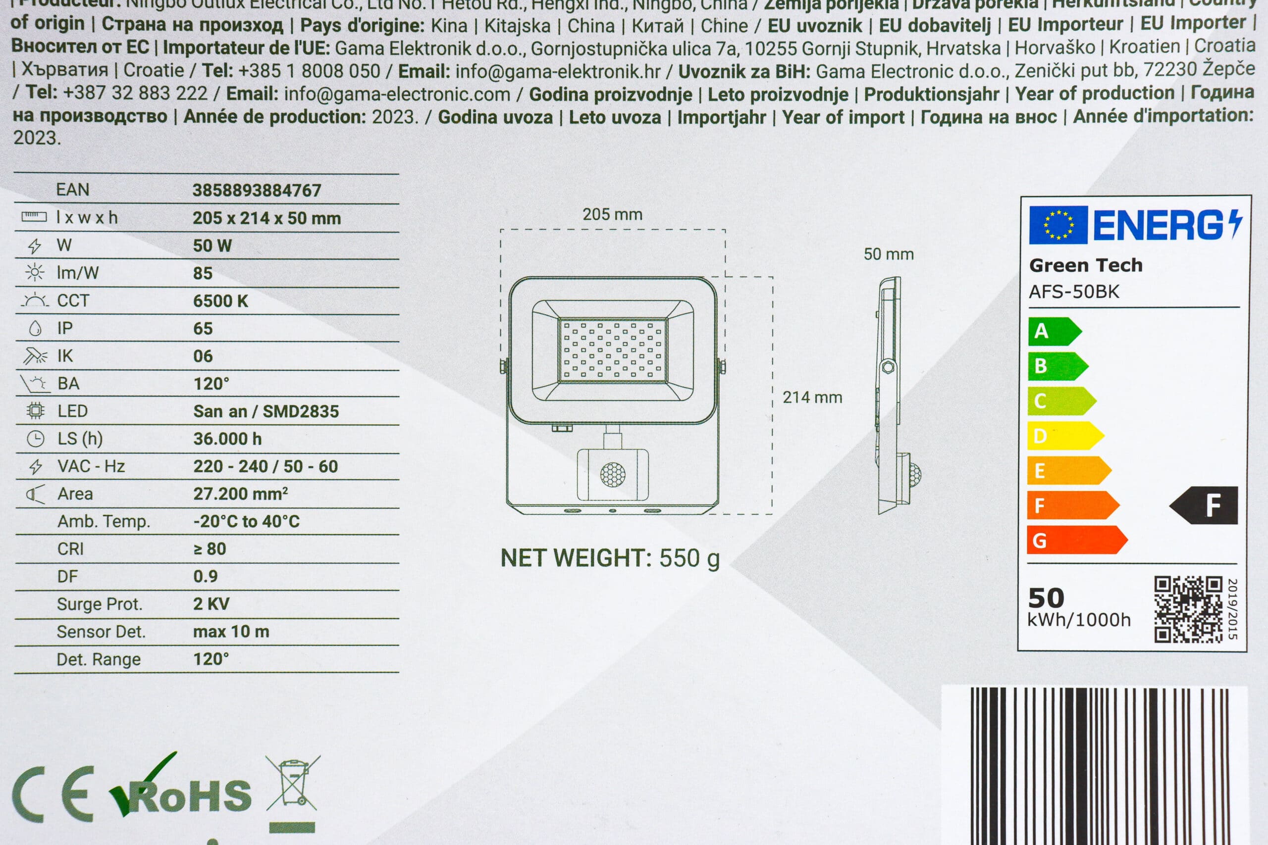 LED Reflektor sa senzorom Green Tech 50W AFS-50BK 4250lm IP65 6500K crni - Slika 2