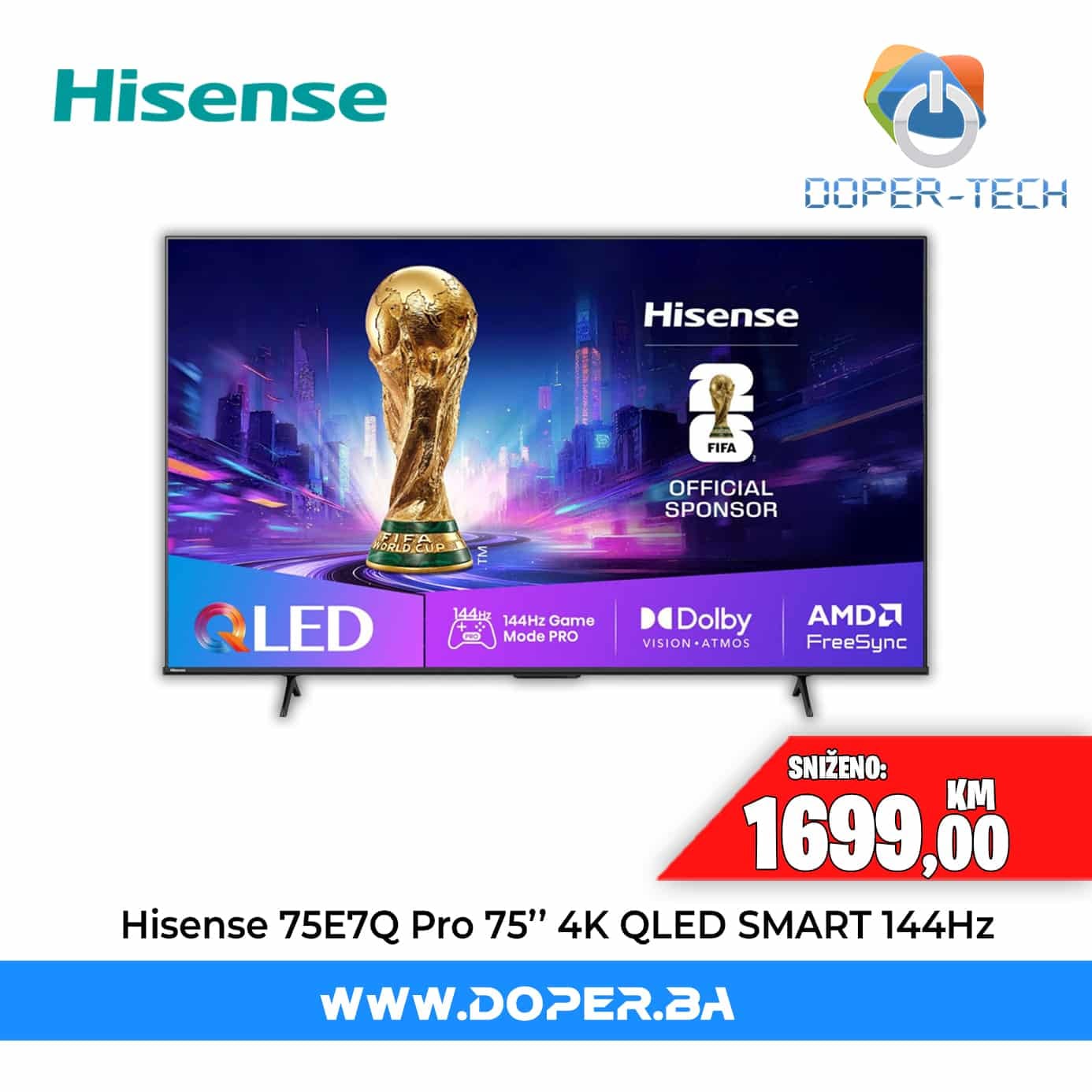 TV Hisense 75E7Q Pro 75'' QLED 4K UHD Smart 144Hz